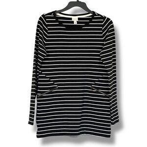 Merona Long Sleeve Mini Dress Black White Stripe Zippered Pockets XS